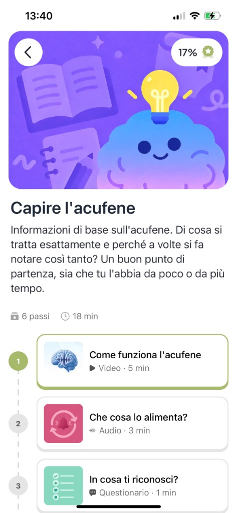 Schermata iniziale dell'app Tinzo con la serie di giorni consecutivi nel diario e i moduli del percorso